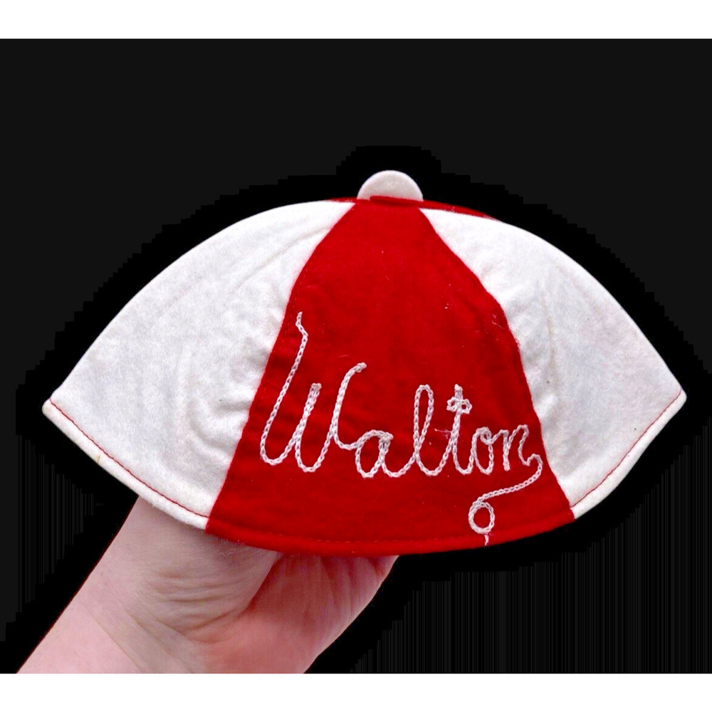 Vintage 1940s 1950s Felt Beanie Cap Hat Childrens Toddler Red White Walton Name